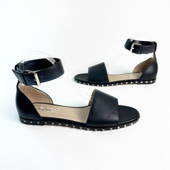 VALENTINO Black Flat Rockstud City Soul Sandal Size 39.5 US 9.5 Ankle Strap - Picture 7 of 12